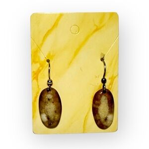 Brown Agate Quartz Oval Dangly Drop Earrings Silver Hardware